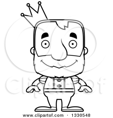 Lineart Clipart of a Cartoon Black and White Happy Block Headed White Senior Man Prince - Royalty Free Outline Vector Illustration by Cory Thoman
