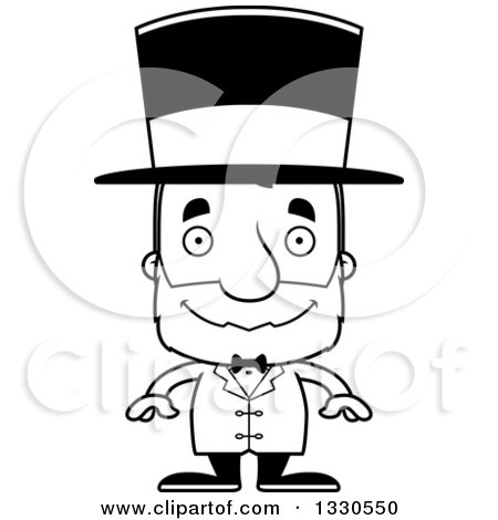 Lineart Clipart of a Cartoon Black and White Happy Block Headed White Senior Man Circus Ringmaster - Royalty Free Outline Vector Illustration by Cory Thoman