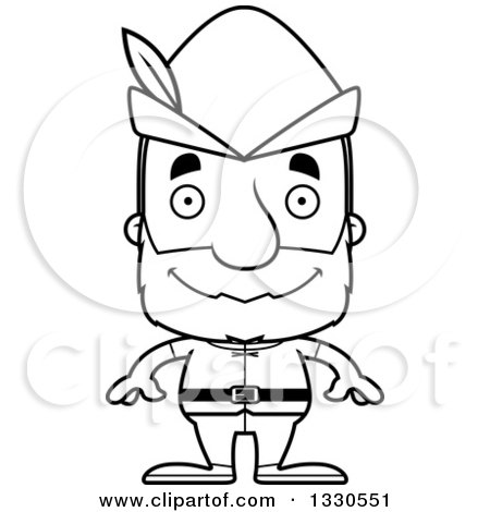 Lineart Clipart of a Cartoon Black and White Happy Block Headed White Senior Robin Hood Man - Royalty Free Outline Vector Illustration by Cory Thoman