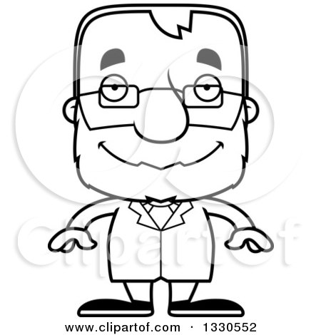 Lineart Clipart of a Cartoon Black and White Happy Block Headed White Senior Man Scientist - Royalty Free Outline Vector Illustration by Cory Thoman