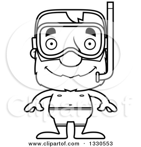 Lineart Clipart of a Cartoon Black and White Happy Block Headed White Senior Man in Snorkel Gear - Royalty Free Outline Vector Illustration by Cory Thoman