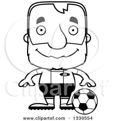 Lineart Clipart of a Cartoon Black and White Happy Block Headed White Senior Man Soccer Player - Royalty Free Outline Vector Illustration by Cory Thoman
