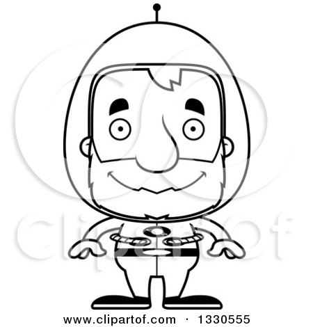 Lineart Clipart of a Cartoon Black and White Happy Block Headed Futuristic White Senior Space Man - Royalty Free Outline Vector Illustration by Cory Thoman