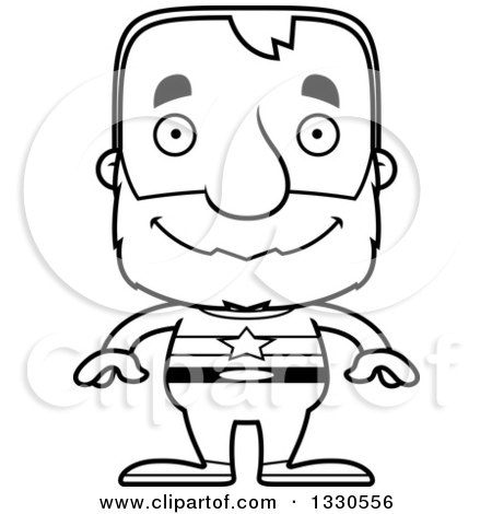 Lineart Clipart of a Cartoon Black and White Happy Block Headed White Senior Man Super Hero - Royalty Free Outline Vector Illustration by Cory Thoman