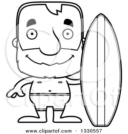 Lineart Clipart of a Cartoon Black and White Happy Block Headed White Senior Man Surfer - Royalty Free Outline Vector Illustration by Cory Thoman