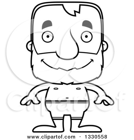 Lineart Clipart of a Cartoon Black and White Happy Block Headed White Senior Man Swimmer - Royalty Free Outline Vector Illustration by Cory Thoman