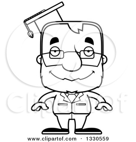 Lineart Clipart of a Cartoon Black and White Happy Block Headed White Senior Man Professor - Royalty Free Outline Vector Illustration by Cory Thoman