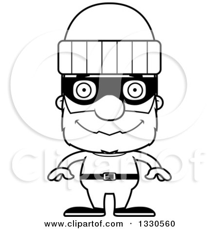 Lineart Clipart of a Cartoon Black and White Happy Block Headed White Senior Man Robber - Royalty Free Outline Vector Illustration by Cory Thoman