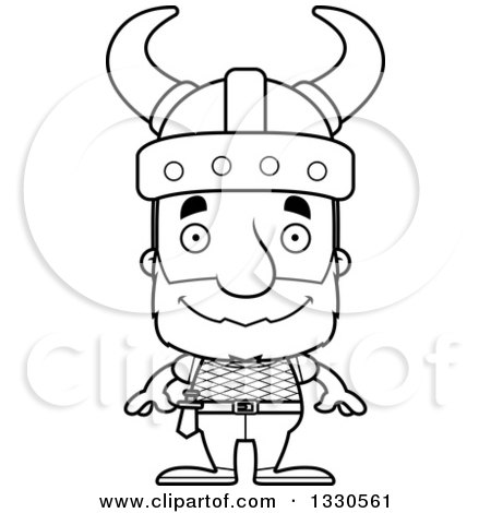 Lineart Clipart of a Cartoon Black and White Happy Block Headed White Senior Man Viking - Royalty Free Outline Vector Illustration by Cory Thoman
