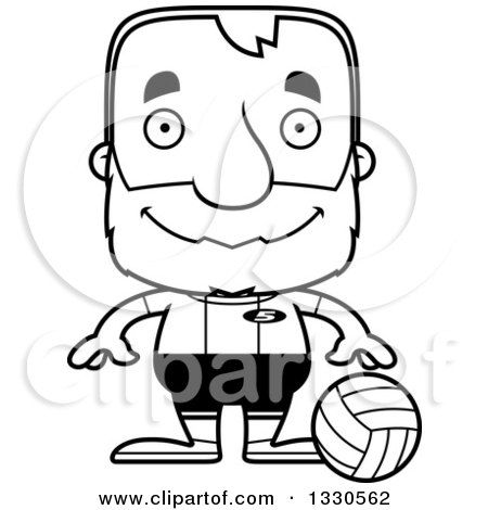 Lineart Clipart of a Cartoon Black and White Happy Block Headed White Senior Man Volleyball Player - Royalty Free Outline Vector Illustration by Cory Thoman