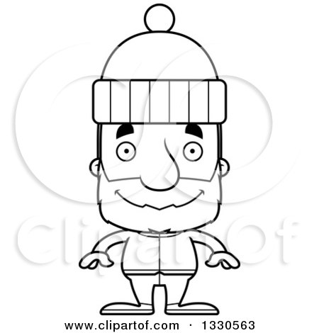 Lineart Clipart of a Cartoon Black and White Happy Block Headed White Senior Man in Winter Clothes - Royalty Free Outline Vector Illustration by Cory Thoman