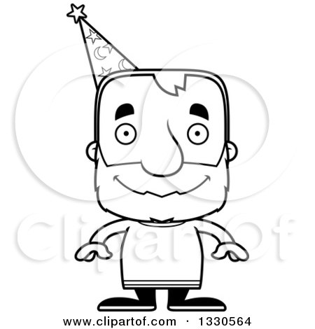 Lineart Clipart of a Cartoon Black and White Happy Block Headed White Senior Man Wizard - Royalty Free Outline Vector Illustration by Cory Thoman