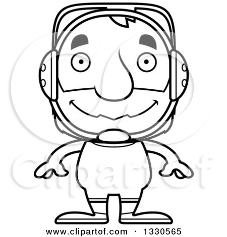 Lineart Clipart of a Cartoon Black and White Happy Block Headed White Senior Man Wrestler - Royalty Free Outline Vector Illustration by Cory Thoman