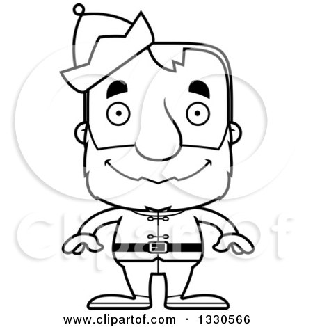 Lineart Clipart of a Cartoon Black and White Happy Block Headed White Senior Man Christmas Elf - Royalty Free Outline Vector Illustration by Cory Thoman