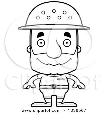 Lineart Clipart of a Cartoon Black and White Happy Block Headed White Senior Man Zookeeper - Royalty Free Outline Vector Illustration by Cory Thoman