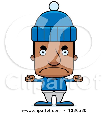Clipart of a Cartoon Mad Block Headed Black Man in Winter Clothes - Royalty Free Vector Illustration by Cory Thoman