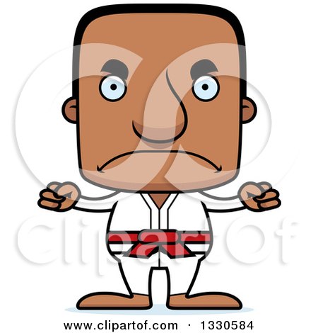 Clipart of a Cartoon Mad Block Headed Black Karate Man - Royalty Free Vector Illustration by Cory Thoman