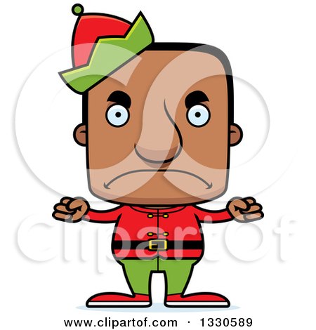 Clipart of a Cartoon Mad Block Headed Black Man Christmas Elf - Royalty Free Vector Illustration by Cory Thoman