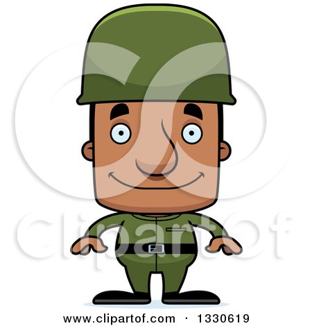 Clipart of a Cartoon Happy Block Headed Black Army Soldier Man - Royalty Free Vector Illustration by Cory Thoman