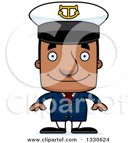 Clipart of a Cartoon Happy Block Headed Black Man Boat Captain - Royalty Free Vector Illustration by Cory Thoman