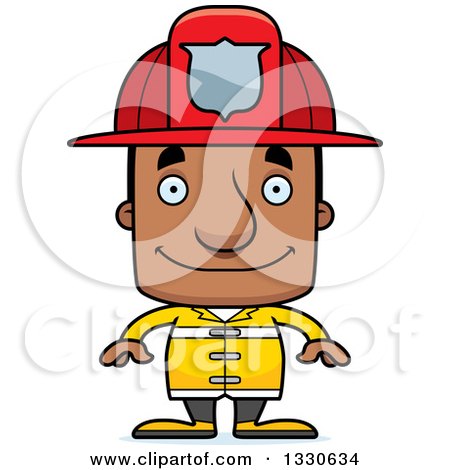 Clipart of a Cartoon Happy Block Headed Black Man Firefighter - Royalty Free Vector Illustration by Cory Thoman