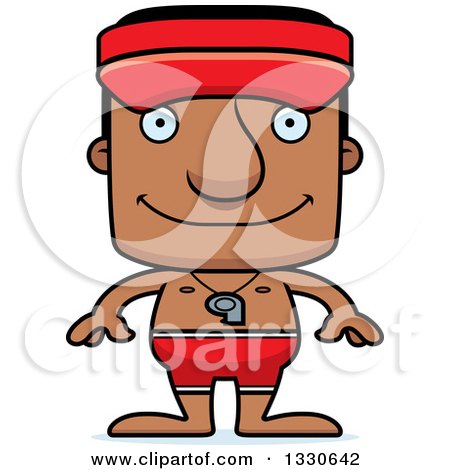 Clipart of a Cartoon Happy Block Headed Black Man Lifeguard - Royalty Free Vector Illustration by Cory Thoman