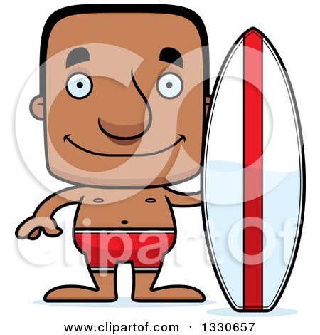 Clipart of a Cartoon Happy Block Headed Black Man Surfer - Royalty Free Vector Illustration by Cory Thoman