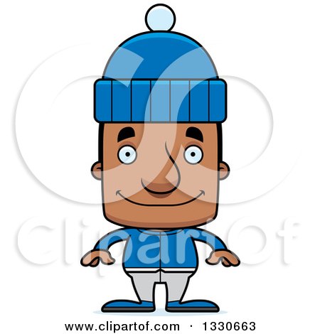 Clipart of a Cartoon Happy Block Headed Black Man in Winter Clothes - Royalty Free Vector Illustration by Cory Thoman