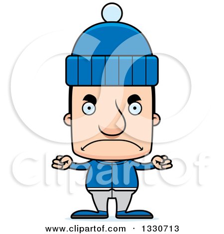 Clipart of a Cartoon Mad Block Headed White Man in Winter Clothes - Royalty Free Vector Illustration by Cory Thoman