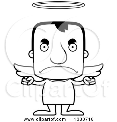 Lineart Clipart of a Cartoon Black and White Mad Block Headed White Man Angel - Royalty Free Outline Vector Illustration by Cory Thoman