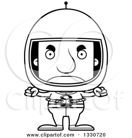 Lineart Clipart of a Cartoon Black and White Mad Block Headed White Man Astronaut - Royalty Free Outline Vector Illustration by Cory Thoman