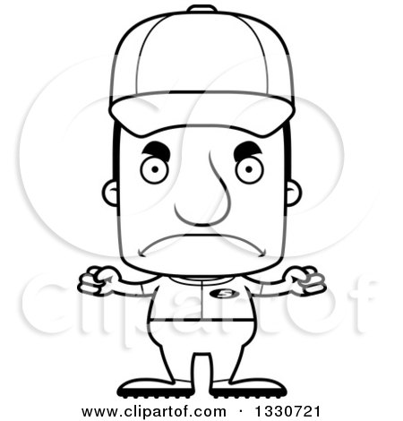 Lineart Clipart of a Cartoon Black and White Mad Block Headed White Man Baseball Player - Royalty Free Outline Vector Illustration by Cory Thoman
