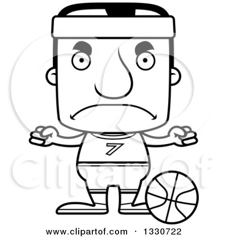 Lineart Clipart of a Cartoon Black and White Mad Block Headed White Man Basketball Player - Royalty Free Outline Vector Illustration by Cory Thoman