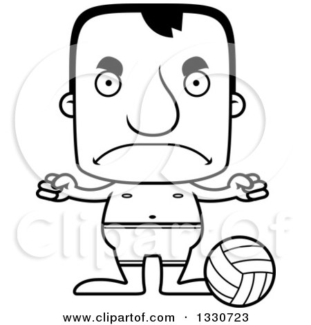 Lineart Clipart of a Cartoon Black and White Mad Block Headed White Man Beach Volleyball Player - Royalty Free Outline Vector Illustration by Cory Thoman