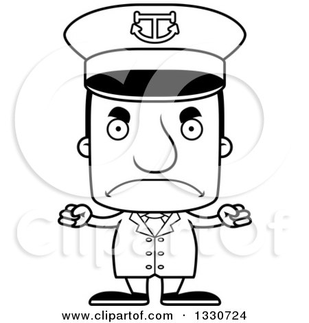 Lineart Clipart of a Cartoon Black and White Mad Block Headed White Man Boat Captain - Royalty Free Outline Vector Illustration by Cory Thoman
