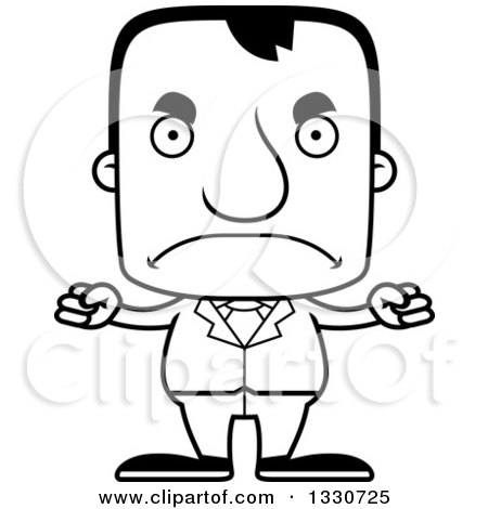 Lineart Clipart of a Cartoon Black and White Mad Block Headed White Business Man - Royalty Free Outline Vector Illustration by Cory Thoman