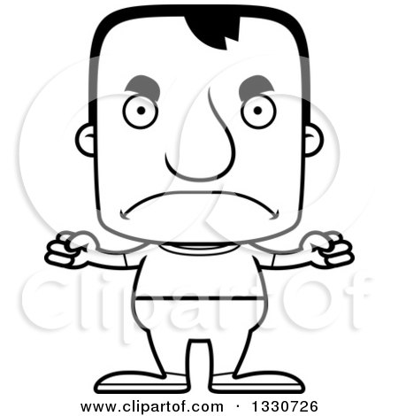 Lineart Clipart of a Cartoon Black and White Mad Block Headed Casual White Man - Royalty Free Outline Vector Illustration by Cory Thoman