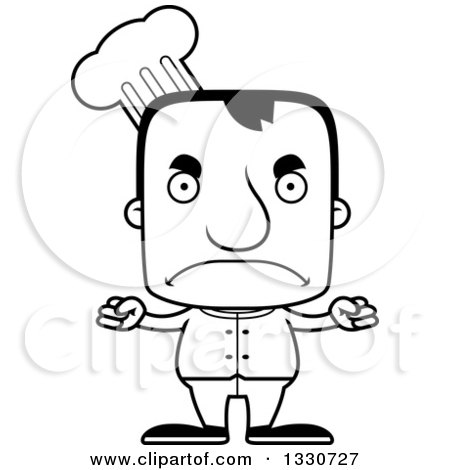 Lineart Clipart of a Cartoon Black and White Mad Block Headed White Man Chef - Royalty Free Outline Vector Illustration by Cory Thoman