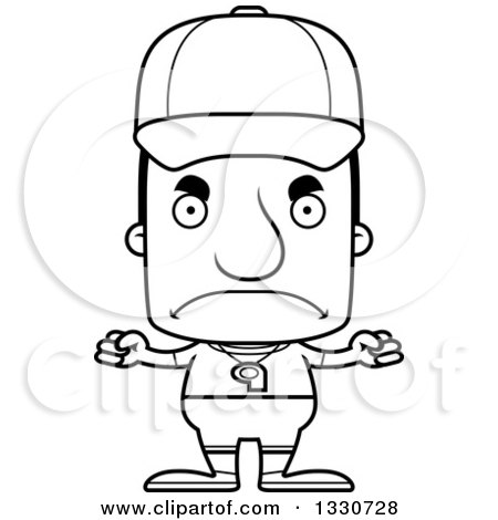 Lineart Clipart of a Cartoon Black and White Mad Block Headed White Man Sports Coach - Royalty Free Outline Vector Illustration by Cory Thoman