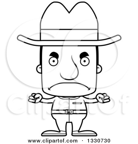 Lineart Clipart of a Cartoon Black and White Mad Block Headed White Man Cowboy - Royalty Free Outline Vector Illustration by Cory Thoman