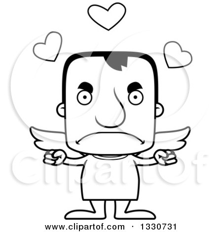 Lineart Clipart of a Cartoon Black and White Mad Block Headed White Man Cupid - Royalty Free Outline Vector Illustration by Cory Thoman