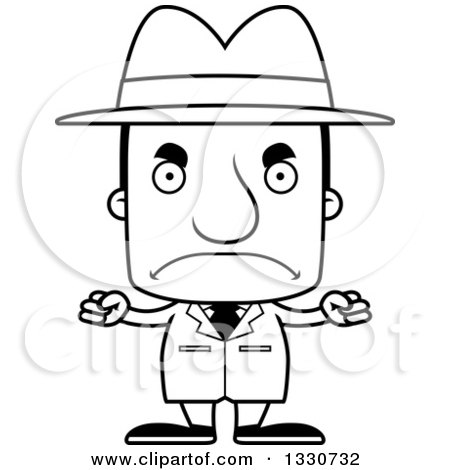 Lineart Clipart of a Cartoon Black and White Mad Block Headed White Man Detective - Royalty Free Outline Vector Illustration by Cory Thoman