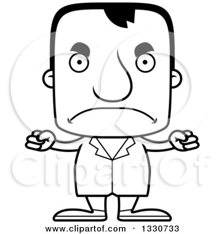 Lineart Clipart of a Cartoon Black and White Mad Block Headed White Man Doctor - Royalty Free Outline Vector Illustration by Cory Thoman