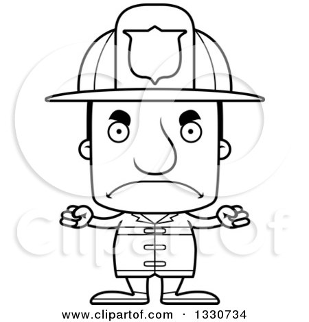 Lineart Clipart of a Cartoon Black and White Mad Block Headed White Man Firefighter - Royalty Free Outline Vector Illustration by Cory Thoman