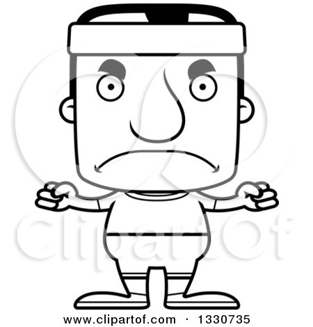 Lineart Clipart of a Cartoon Black and White Mad Block Headed White Fitness Man - Royalty Free Outline Vector Illustration by Cory Thoman