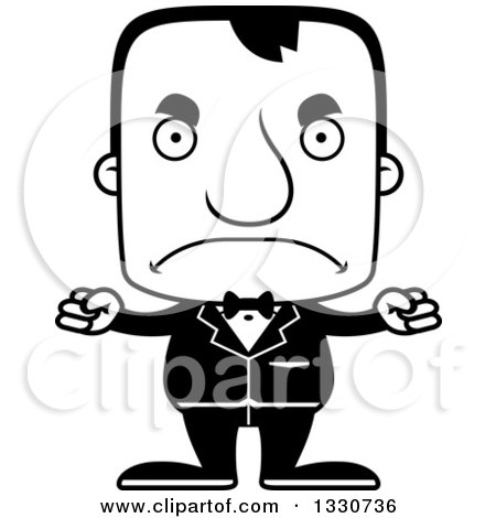 Lineart Clipart of a Cartoon Black and White Mad Block Headed White Man Groom - Royalty Free Outline Vector Illustration by Cory Thoman