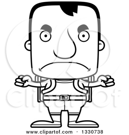 Lineart Clipart of a Cartoon Black and White Mad Block Headed White Man Hiker - Royalty Free Outline Vector Illustration by Cory Thoman