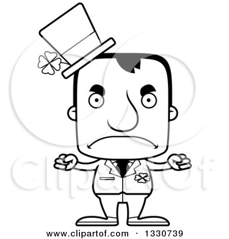 Lineart Clipart of a Cartoon Black and White Mad Block Headed White Irish St Patricks Day Man - Royalty Free Outline Vector Illustration by Cory Thoman