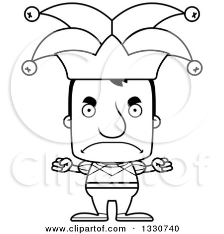 Lineart Clipart of a Cartoon Black and White Mad Block Headed White Man Jester - Royalty Free Outline Vector Illustration by Cory Thoman