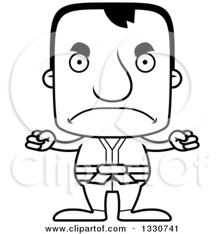 Lineart Clipart of a Cartoon Black and White Mad Block Headed White Karate Man - Royalty Free Outline Vector Illustration by Cory Thoman
